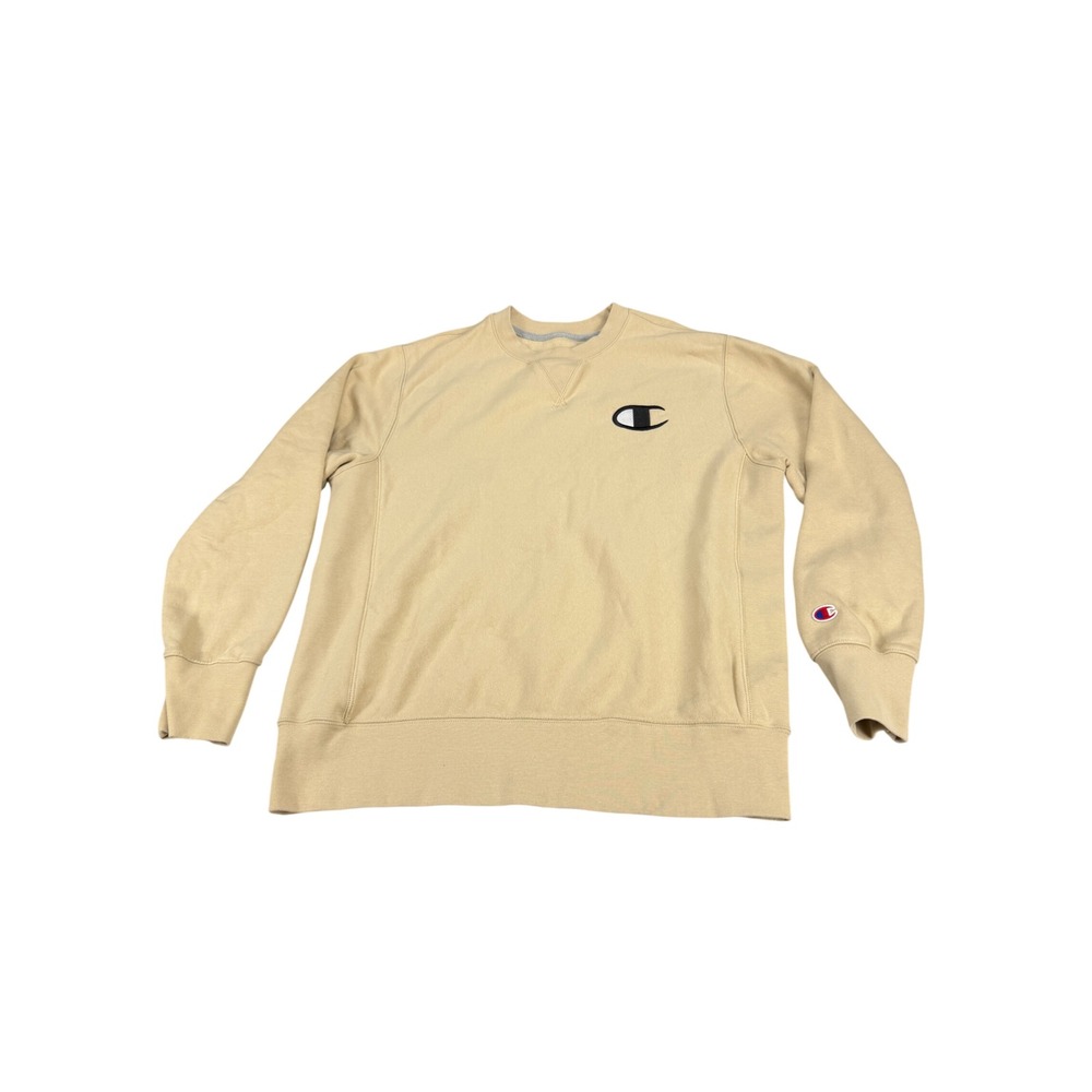 Champion USA Athletic Mens Large Tan Beige Crewneck Sweatshirt Big Logo Fleece